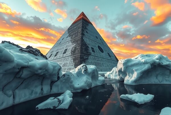A pyramid with inscriptions amidst icebergs at sunset.