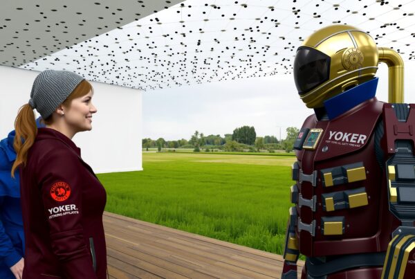A woman interacts with a futuristic robot under a modern architectural structure in a green park.