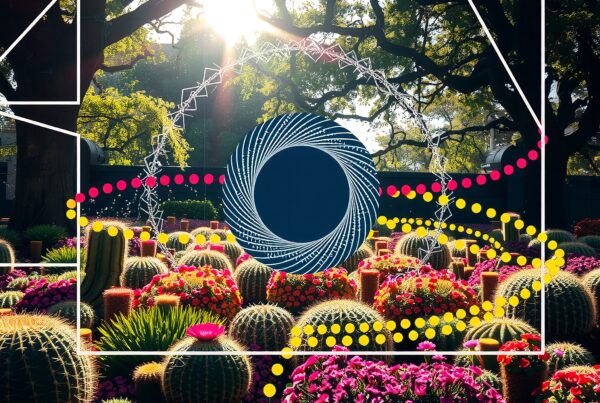A garden with colorful cacti and abstract geometric designs under sunlight.