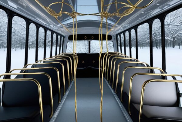 Luxurious modern bus interior with golden accents and snowy landscape.