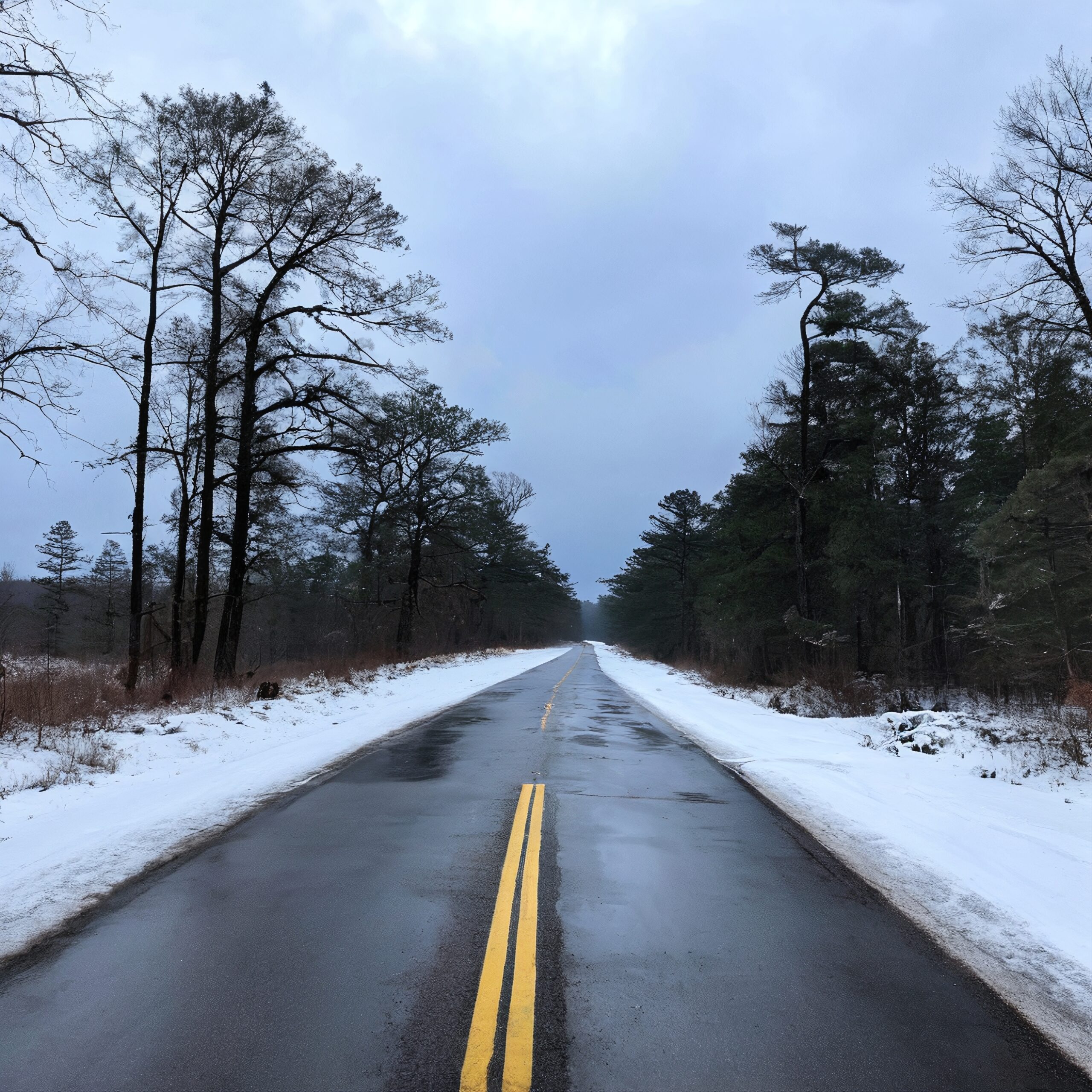 Winter Road Through Snowy Forest