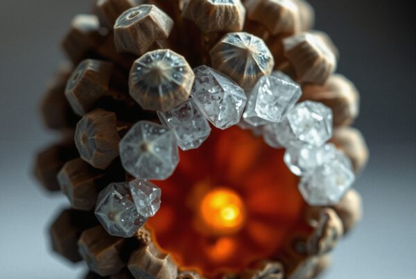 A detailed view of an intricate sculpture with wooden hexagons and crystal elements illuminated by an amber light.