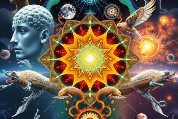 A vibrant cosmic abstract blending humanoid figures, mythical creatures, and celestial elements.