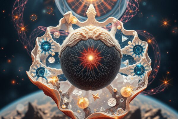 A surreal scene of a dark sphere surrounded by intricate cosmic elements and radiant celestial motifs.