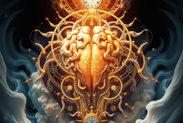Surreal art of a clockwork brain intertwining with gears and clocks, surrounded by mystical clouds.