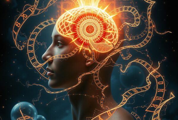 Futuristic illustration of a glowing brain surrounded by numbers and circuits.