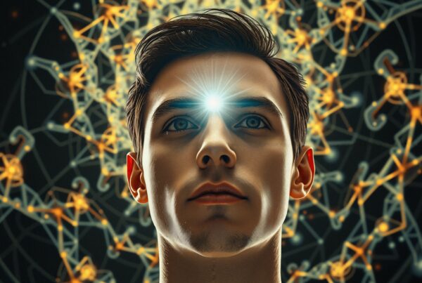 A man with a glowing light on his forehead symbolizing enlightenment, surrounded by intricate geometric patterns.