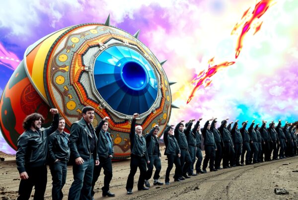 Futuristic eye structure with men raising fists under a vibrant sky, depicting unity and determination.