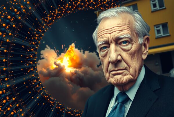 An elderly man in a suit with a serious expression stands against a surreal cosmic explosion, framed by abstract orange and blue spheres.