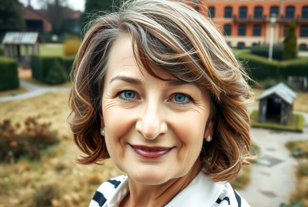 A woman smiling outdoors in a garden with historic red-brick architecture in the background.