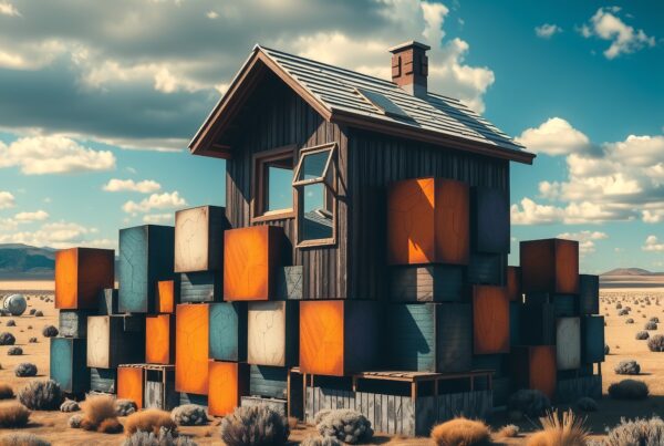 A unique wooden house with colorful cubes in a desert landscape, blending architecture with natural beauty.