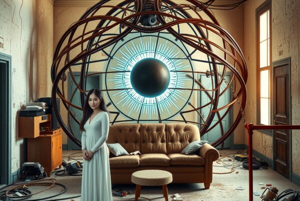 A woman in a futuristic scene with a glowing metallic structure.