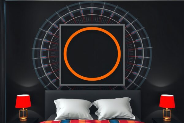 Modern bedroom with bold artwork and colorful bedspread.