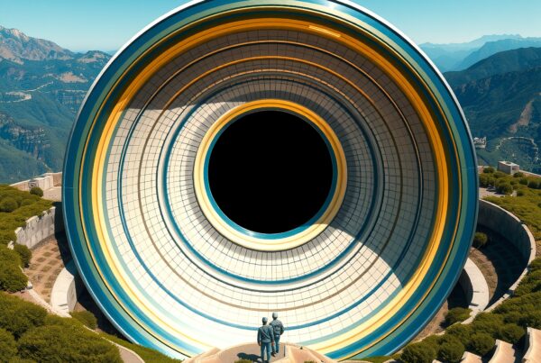 A futuristic structure resembling a telescope stands in a mountainous landscape, surrounded by manicured greenery and two figures observing.