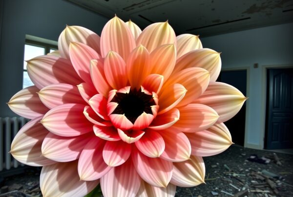 A vibrant dahlia flower brightens up an abandoned room.