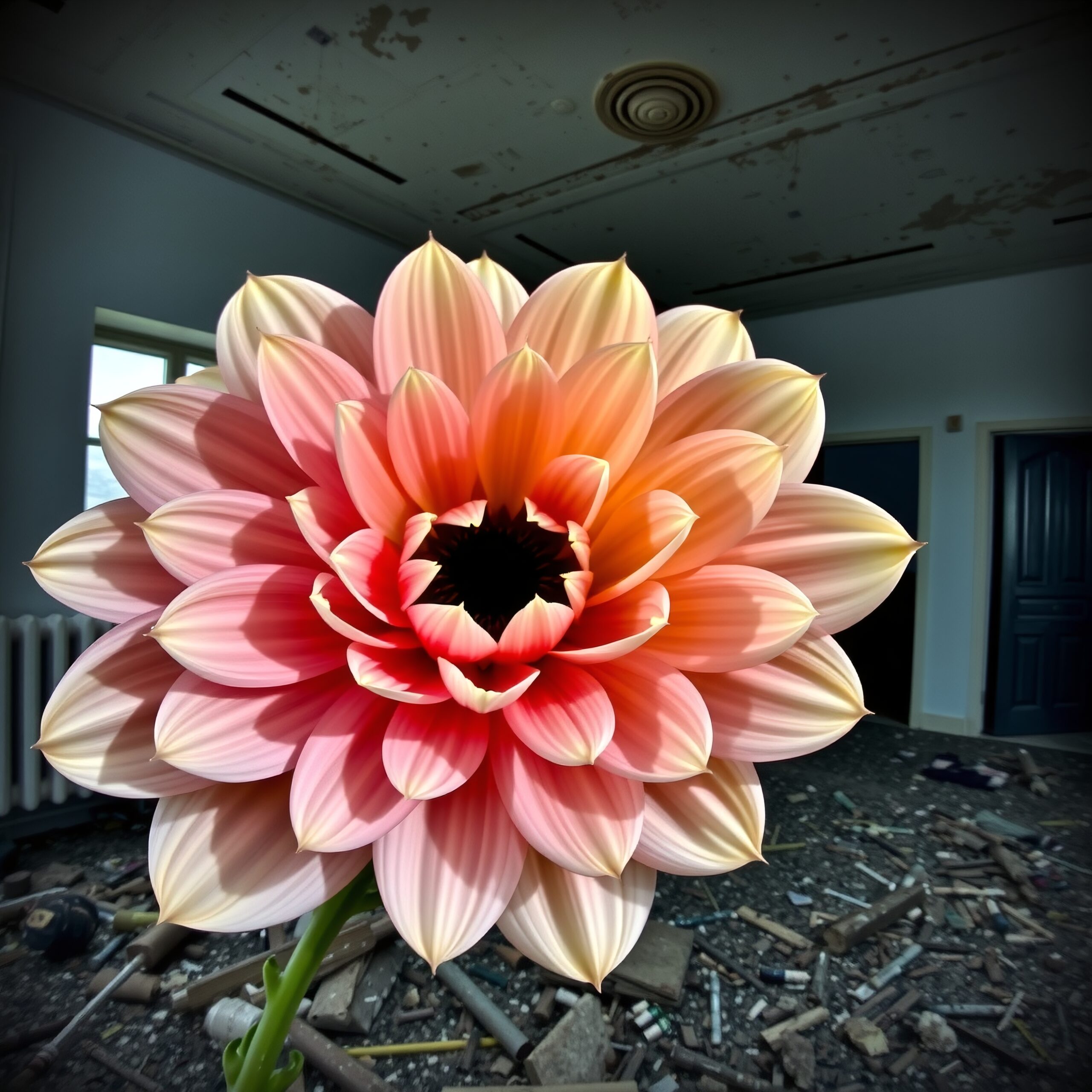 Vibrant Flower in Abandoned Room