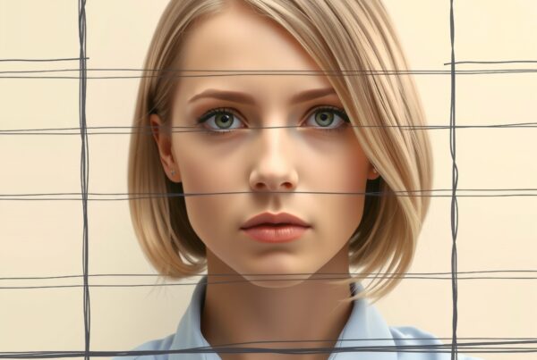 A woman with blonde hair, wearing a light blue shirt, looks forward with abstract intersecting lines across her face.