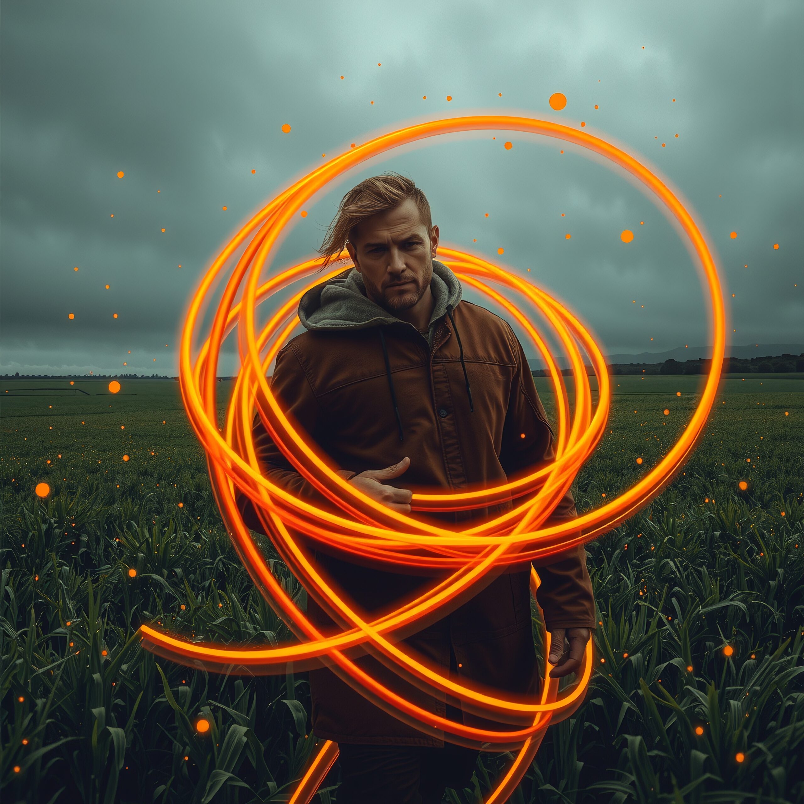 Glowing Light Trails Around Man