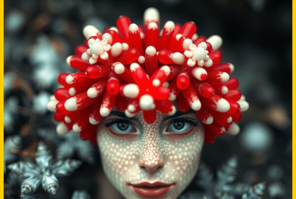 A woman with a red and white floral headdress stands in a surreal, nature-inspired setting.