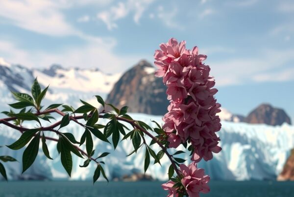 Vibrant pink flowers in bloom against a backdrop of icy glaciers and snow-capped mountains under a clear blue sky.