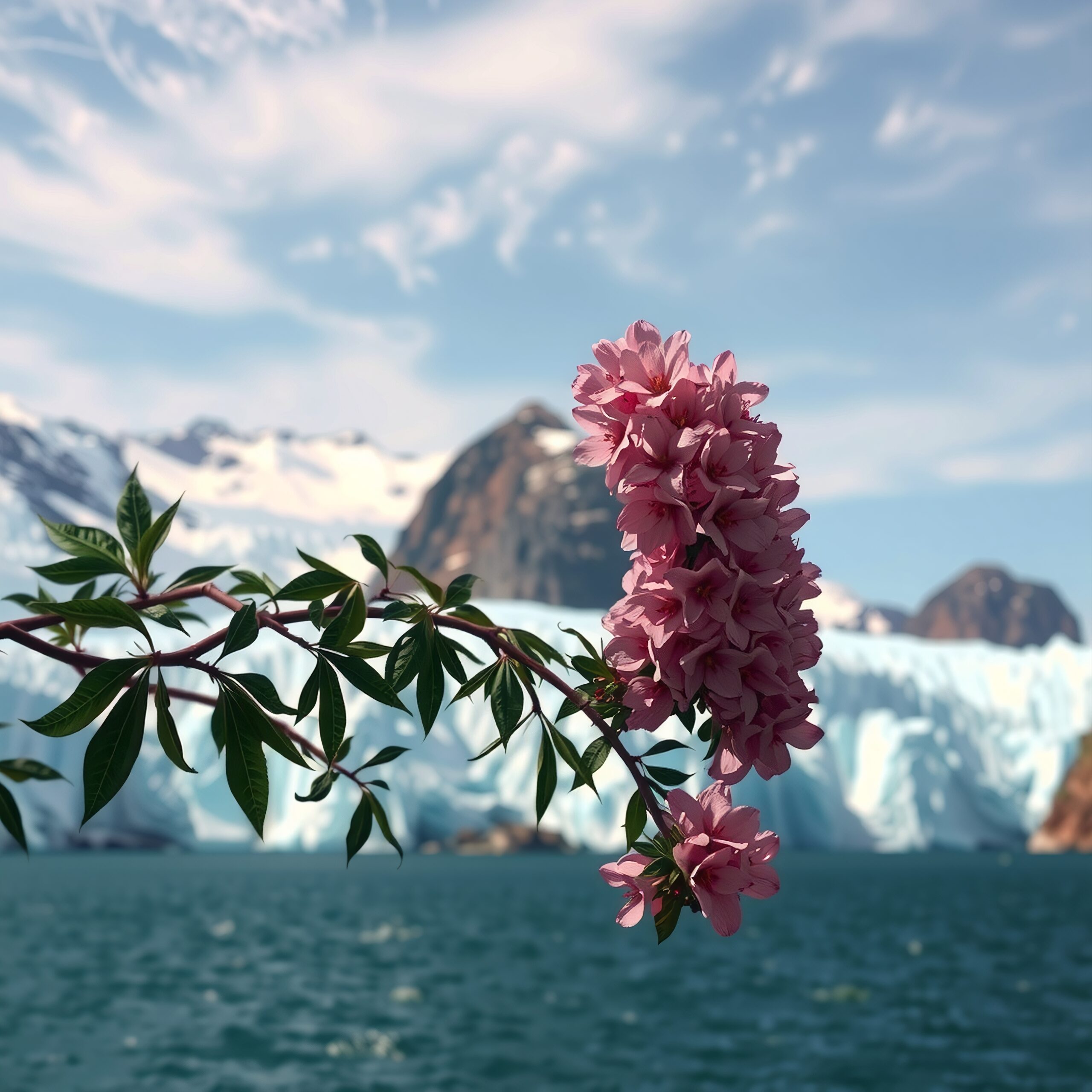 Flowers Against Icy Mountain Scenery